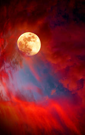 Full moon and red abstract sky. Abstract background.の写真素材