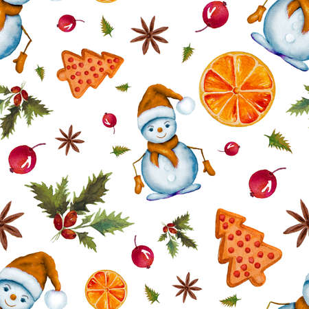Christmas watercolor seamless pattern with snowmans and cookies isolated on white.の写真素材