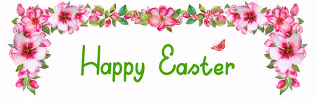 Happy Easter lettering text and flowers isolated on white background.