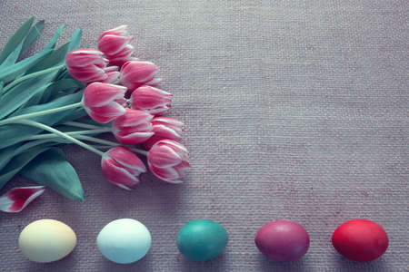 Easter eggs and red tulips. Festive decoration on cloth background.の写真素材