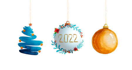 New Year 2022 background with Christmas garland of colorful balls and fir tree .