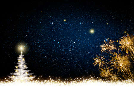 White Christmas tree and colored firework on stars sky background.の写真素材