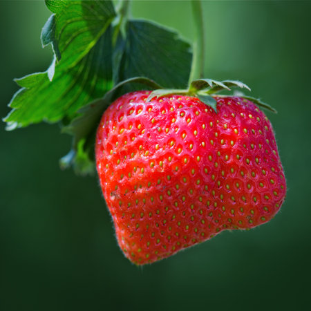 Closeup of red strawberry isolated on green background.