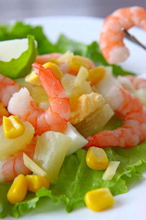 Shrimp salad with pineapple, eggs and avocado. Healthy food concept. top viewの写真素材