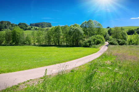 A field road in the summer against the background of sunlight sky.の写真素材
