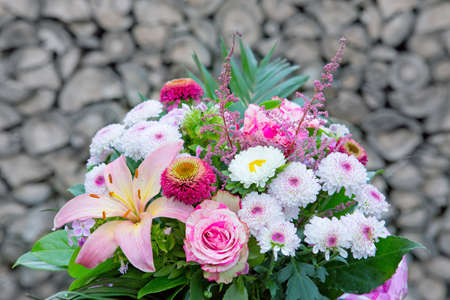 Valentines Day Bouquet of colorful flowers isolated on gray background.の写真素材