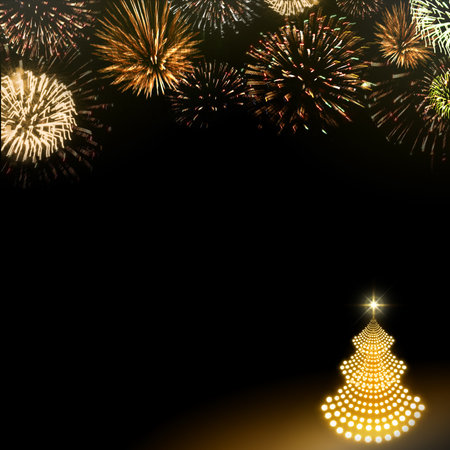 Golden Christmas tree and colored firework on black sky background.の写真素材