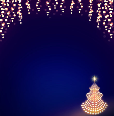 Golden Christmas tree and colored firework on blue sky background.の写真素材