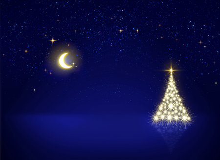 Golden Christmas tree and stars sky background.の写真素材