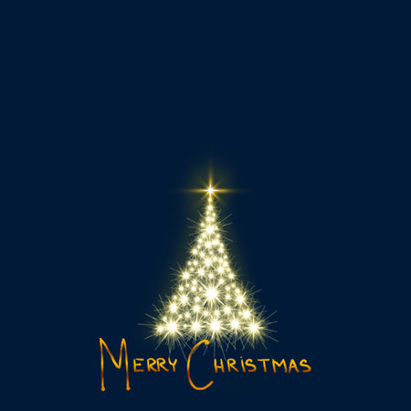 Merry Christmas text on blue background and golden fir tree .の写真素材