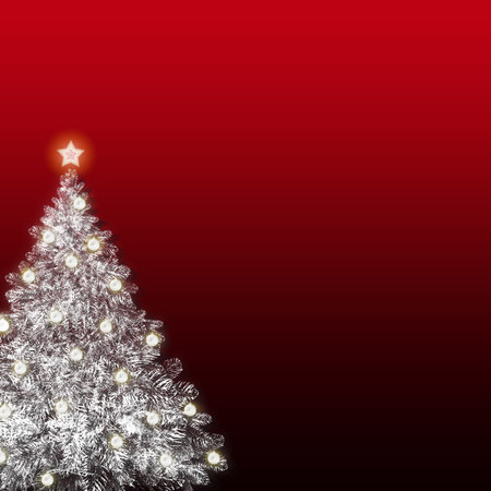 Christmas tree with lights isolated on red background.の写真素材