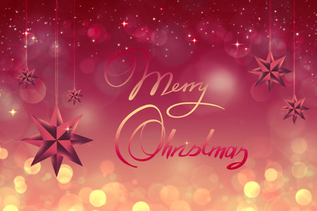 Christmas background with pink stars and Merry Christmas textの写真素材
