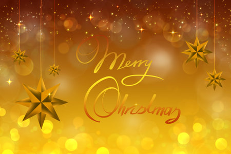 Christmas background with golden stars and Merry Christmas textの写真素材