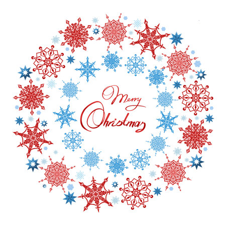 Merry Christmas lettering and wreath decoration of snowflakes.の写真素材