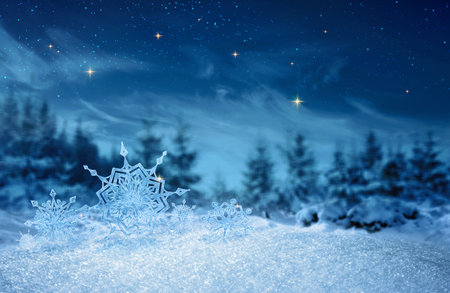 Winter holidays background with snowflakes in white snow isolated.の写真素材