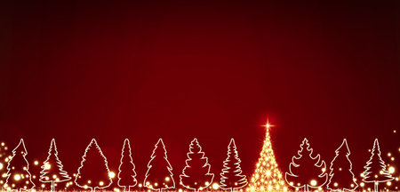 Golden Christmas tree with lights on red background .の写真素材