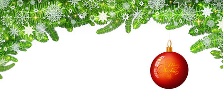 Christmas background with red bauble and branch of spruce tree isolated.の写真素材