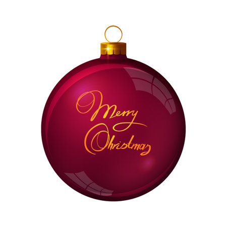 Red Christmas ball with Merry Christmas text isolated on white background.の写真素材