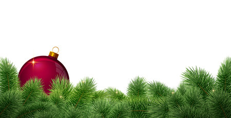Christmas ball on green fir tree branch isolated on white.の写真素材