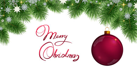 Christmas background with red bauble and branch of spruce tree isolated.の写真素材