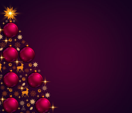 Christmas tree with colorful balls isolated on purple background.の写真素材