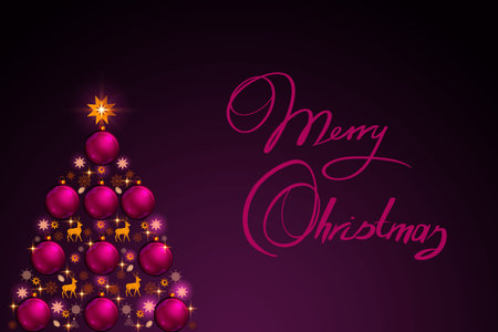 Christmas tree with colorful balls isolated on purple background.の写真素材