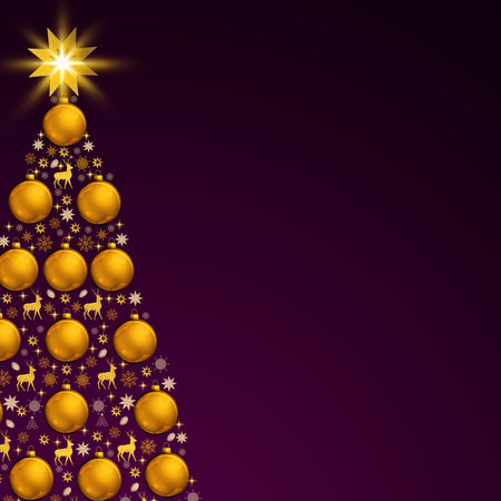Christmas tree with golden balls isolated on purple background.の写真素材