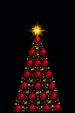 Christmas tree with red balls isolated on black background.の写真素材