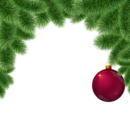 Christmas ball hanging on fir tree branch isolated.の写真素材