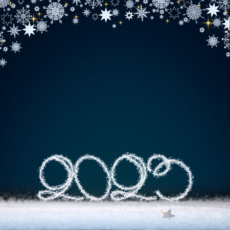 Happy New Year 2023 on white snow and abstract blue background.の写真素材
