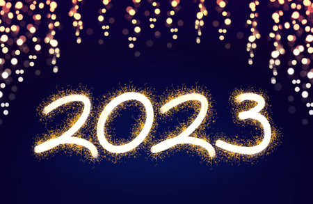 Happy new Year 2023 background with Sparkles on dark night sky