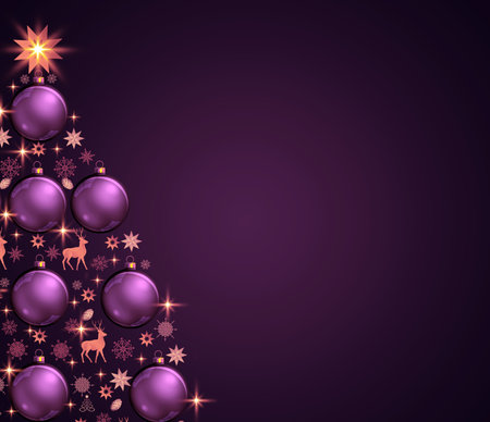 Christmas tree with balls isolated on purple background.の写真素材