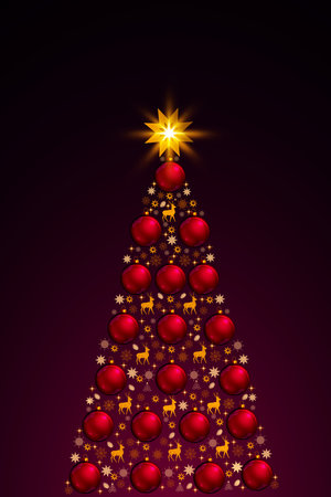 Christmas tree with red balls isolated on dark background.の写真素材