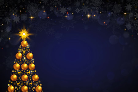 Golden Christmas tree with balls isolated on blue background.の写真素材