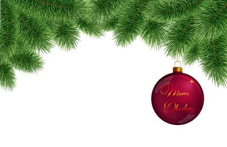 Christmas background with red bauble and branch of spruce tree isolated.の写真素材