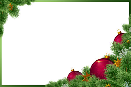 Christmas frame made of fir branches, festive decorations isolated on white .の写真素材