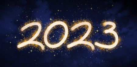Happy new Year 2023 background with Sparkles on dark night sky