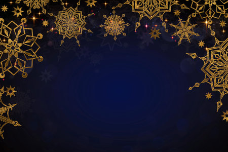 Winter snow frame border with stars, sparkles and snowflakes on blue background.の写真素材