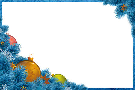 Christmas background with blue fir branches and decorations isolated on white .の写真素材