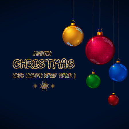 Merry Christmas and Happy new Year text and colorful balls on blue background.の写真素材