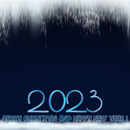 Happy New Year 2023 on white snow and abstract blue background.