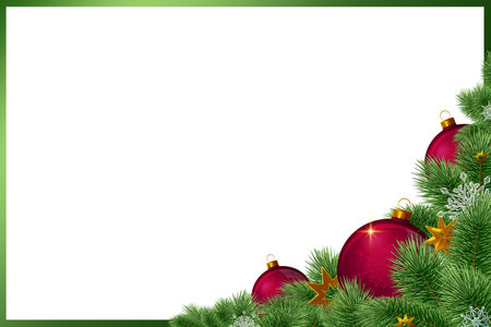 Christmas frame made of fir branches, festive decorations isolated on white .の写真素材