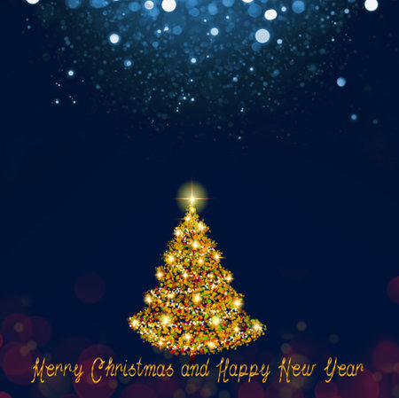 Merry Christmas text on blue bokeh background and golden fir tree .の写真素材
