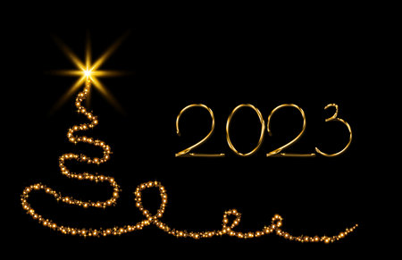 Abstract Christmas tree with stars isolated on black background. Happy new Year 2023の写真素材