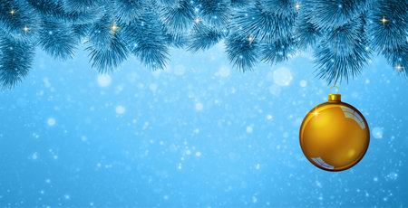 Christmas frame of blue pine tree branches and golden ball.の写真素材