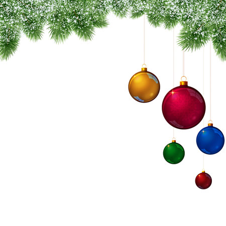 Fir tree branch with colorful balls isolated on white . Christmas background .の写真素材