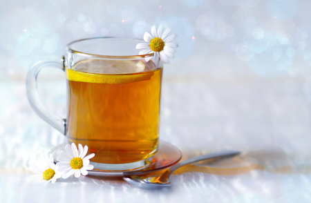 Herbal tea with fresh chamomile flowers isolated on white backgroundの写真素材
