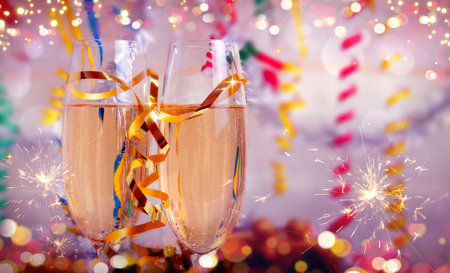 Happy new year greeting card with two champagne glasses and lights.の写真素材