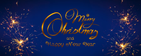 Merry Christmas and Happy new Year text on dark sky background.の写真素材