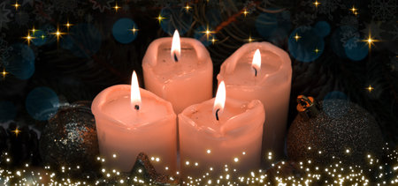 Four Advent candles with Christmas decorations isolated on blur bokeh background.の写真素材